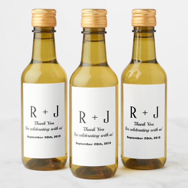 Monograma Branco e Negro Obrigado Casamento Mini (Garrafas)