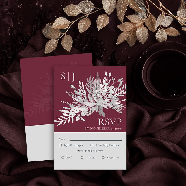 Monograma Burgundy Entree RSVP (RSVP Card with Entree Choice in Burgundy and Grey from the Foliage Duet Collection by Darling & May)