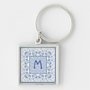 Monograma Chaveiro de Borda Floral Azul de Indigo