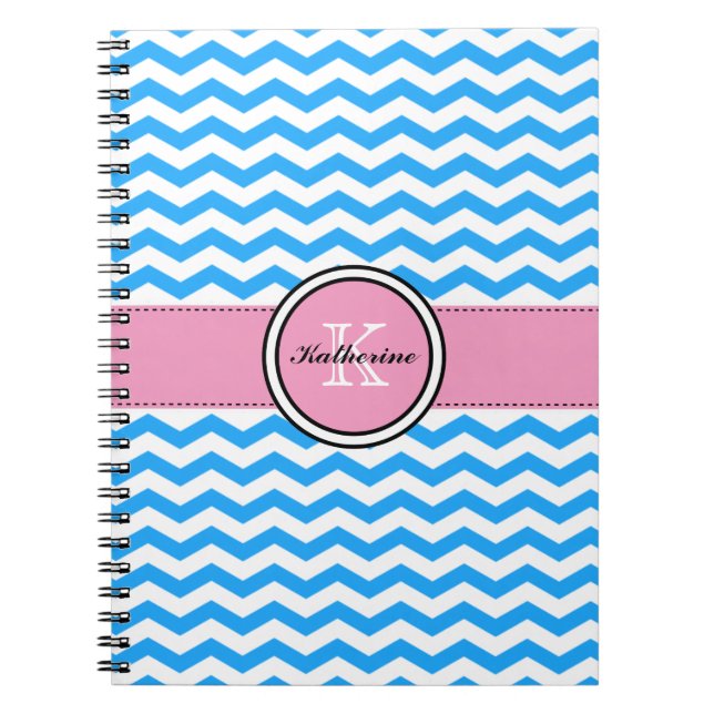 Monograma Chevron azul e caderno espiral (Frente)