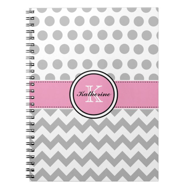 Monograma Chevron cinzento e caderno espiral (Frente)
