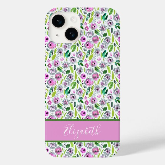 Monograma Cinza Rosa Verde Boho Watercolor Floral (Verso)