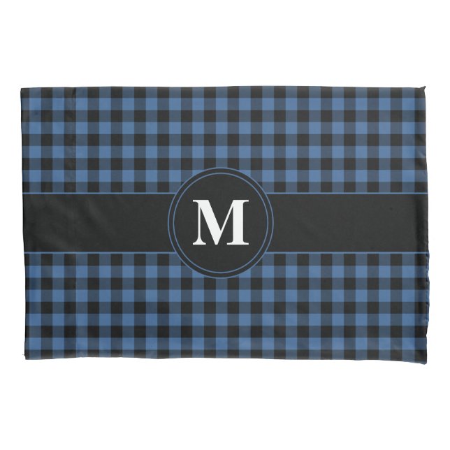 Monograma Clássico Azul E Gingham Preto (Frente)