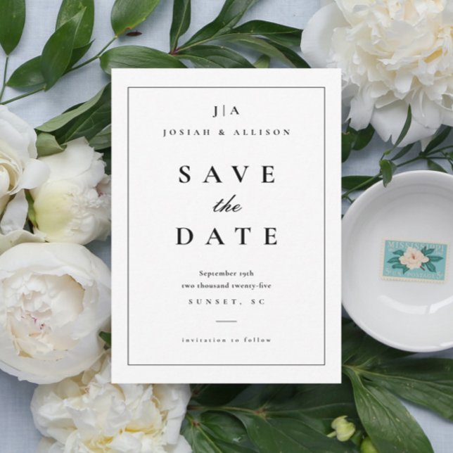 Monograma Clássico Salvar o Convite de Data (Classic black and white elegant wedding monogram save the date announcement card.)