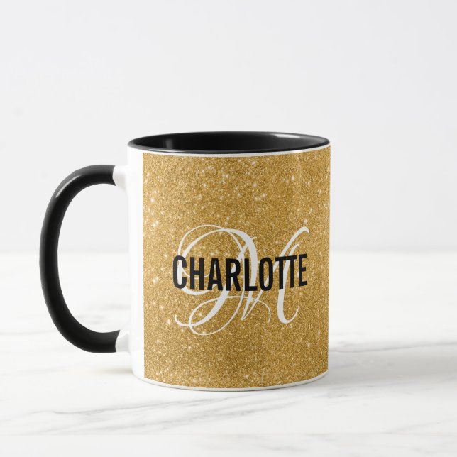 Monograma com brilho dourado chic nome caneca (Esquerda)