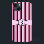 Monograma com risca retrorativa preto-rosa<br><div class="desc">Este design de 50 giro, giro, ligeiramente retrorativo mostra cor-de-rosa, rosas claro e listras pretas e um espaço que você pode personalizar/personalizar. Basta adicionar seu próprio monograma / inicial no campo "Personalizar". A fonte quadrada dá ao monograma um olhar antigo e moderno. Este é um padrão brilhante, colorido, bonito, de...</div>