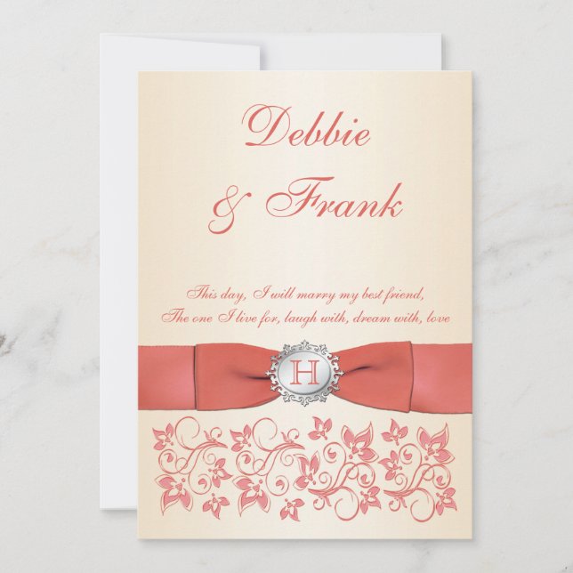 Monograma Coral Champagne Convite Floral Para Casa (Frente)