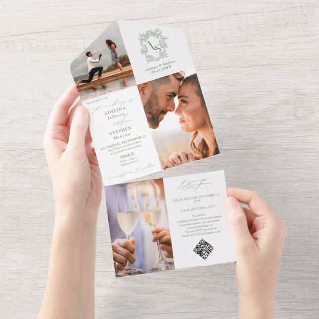 Monograma Crest 3 Foto QR Código Sage Casamento Ve (Aba destacável)