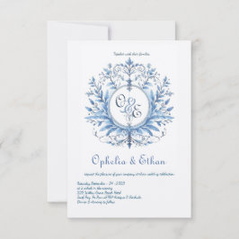 Monograma Crest Rococo Azul Convite para casamento