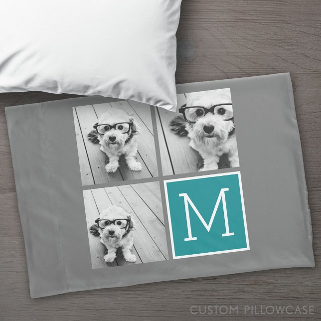 Monograma da Colagem de Fotos em Teal e cinza (Custom Pillowcase)