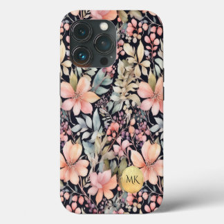 Monograma de Aquarela Floral a Preto Dourado Elega