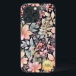 Monograma de Aquarela Floral a Preto Dourado Elega<br><div class="desc">Eleve o estilo do seu telefone com a nossa Capa de telefone Dourada Elegante de Monograma de Cor Floral a Preta. Este requintado design apresenta flores silvestres, bagas e samambaias delicadas em tons de bege, pêssego, rosa, vermelho e verde verde-rosa sobre fundo escuro/preto. É o acessório perfeito para o indivíduo...</div>