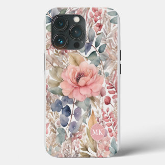 Monograma de Aquarela Floral, Rosa-Esbranquiçada,