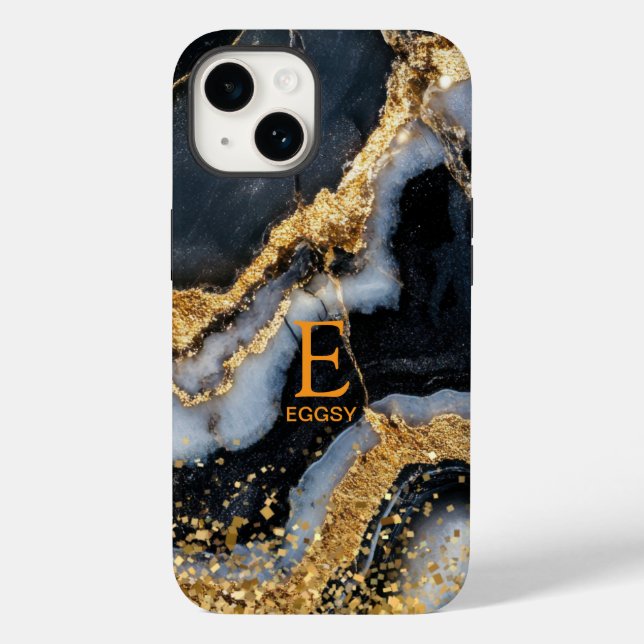 Monograma de brilho dourado mármore preto chic (Verso)