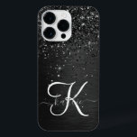Monograma de brilho preto personalizado<br><div class="desc">Personalize facilmente esta elegante design de capa de telefone de de tendências com brilho cinza preto bonito num fundo metálico escovado preto.</div>