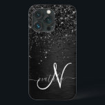 Monograma de brilho preto personalizado<br><div class="desc">Personalize facilmente esta elegante design de capa de telefone de de tendências com brilho cinza preto bonito num fundo metálico escovado preto.</div>