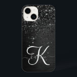 Monograma de brilho preto personalizado<br><div class="desc">Personalize facilmente esta elegante design de capa de telefone de de tendências com brilho cinza preto bonito num fundo metálico escovado preto.</div>