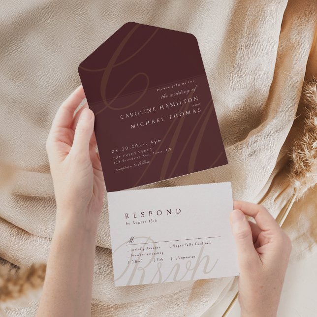 Monograma de caligrafia Clássica Burgundy (Burgundy Classic Elegance calligraphy monogram All In One Invitation)