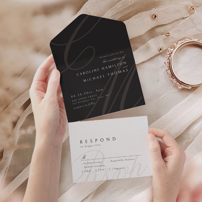 Monograma de caligrafia Clássica em Branco Negro (Black white Classic Elegance calligraphy monogram All In One Invitation)