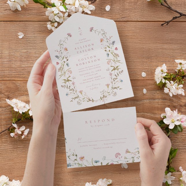 Monograma de Casamento de Boho Russo de Flor Selva (Elegant Wildflower Rustic Boho Wedding monogram All In One Invitation)