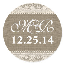 monograma de casamento e adesivos de renda burlap