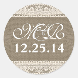 monograma de casamento e adesivos de renda burlap