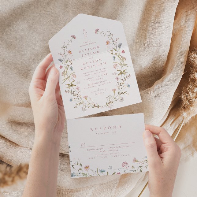 Monograma de Casamento Russo Boho de Flor Selvagem (Pink Wildflower Rustic Boho Wedding monogram All In One Invitation)