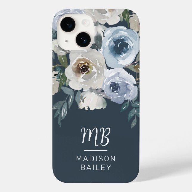 Monograma de Cor Floral Azul do Marinho Elegante (Verso)