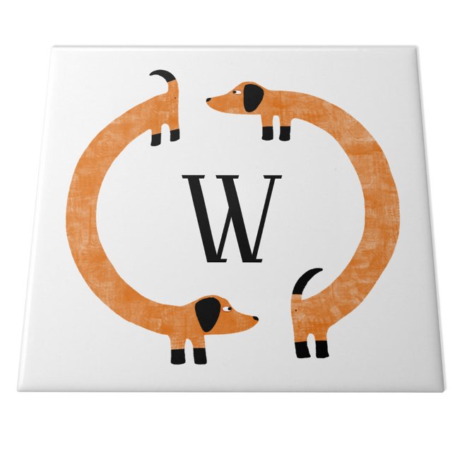 Monograma de Enchimento de Enchimento Engraçado (Funny Dachshund Wiener or Sausage Dog monogram ceramic tile)