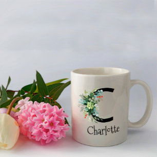 Monograma de flor de aquarela caneca de café de re