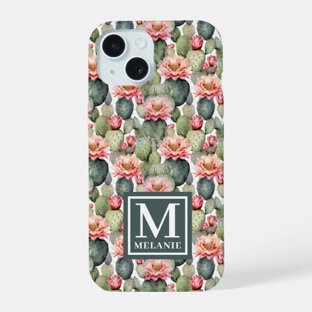 Monograma de Flores Cor-de-Rosa com Padrão de Cact (Verso)
