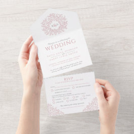 Monograma de folhas rosa suave branco de casamento