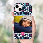 Monograma de Fotografias Personalizadas do Paisley<br><div class="desc">Capa de telefone personalizada personalizada personalizada com suas fotos e texto. Este design de pré-disquete fofo tem um fundo com padrão uniforme ikat em cores marinho, rosa e turquesa com um modelo de foto personalizado. Adicione seu nome monograma ou sua própria mensagem exclusiva. Clique em Personalizar para editar as fontes...</div>