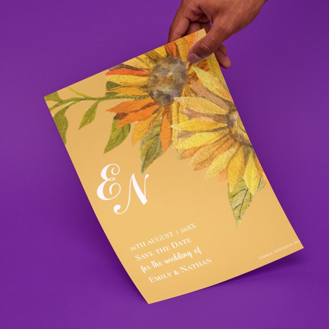 Monograma de Girassol Amarelo Casamento Salvar a D (Yellow Sunflower Monogram Wedding Save the Date Invitation)