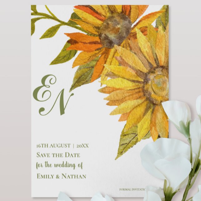 Monograma de Girassol Amarelo Casamento Salvar a D (Yellow Sunflower Monogram Wedding Save the Date)
