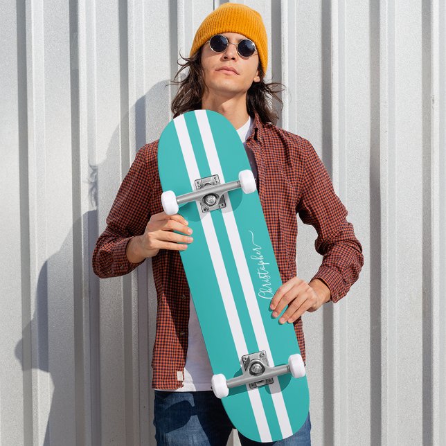 Monograma de legal Teal White Racing Stripes Skate (Cool Teal White Racing Stripes Skater Monogram Skateboard)