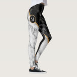 Monograma de Leggings Personalizadas Marble Preto<br><div class="desc">Trendy Black & White Marble Stone - Adicione Sua Carta / Número / Etc.</div>