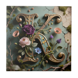 Monograma de letra K com patina floral dourada