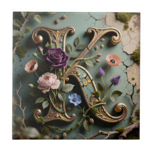 Monograma de letra K com patina floral dourada