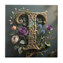 Monograma de Letra T Dourada Floral Antiga