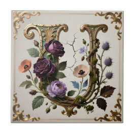 Monograma de Letra U Dourada Floral Antiga