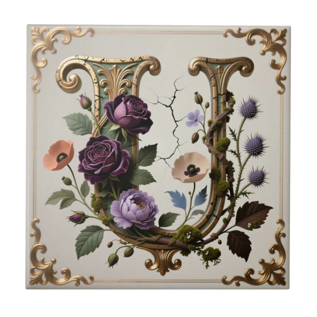 Monograma de Letra U Dourada Floral Antiga (Frente)