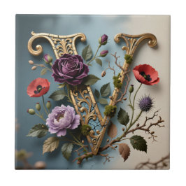 Monograma de Letra V Dourada Floral Antiga