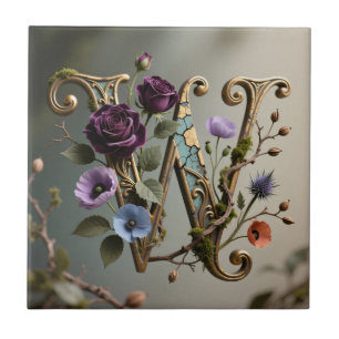 Monograma de Letra W Dourada Floral Antiga