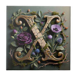 Monograma de Letra X Dourada Floral Antiga