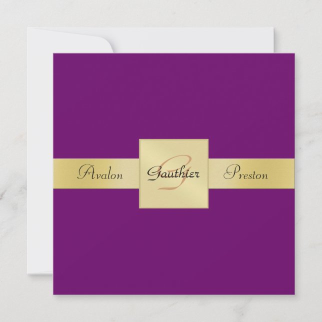 Monograma de Metal Dourado Roxo de Plum Convite Fo (Frente)