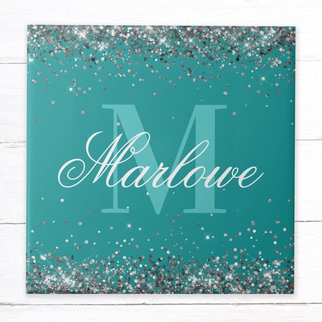 Monograma de na moda Silver Glitter Teal (Criador carregado)