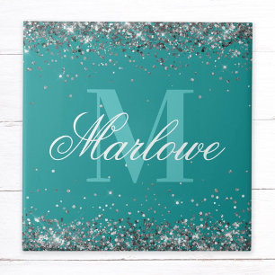 Monograma de na moda Silver Glitter Teal