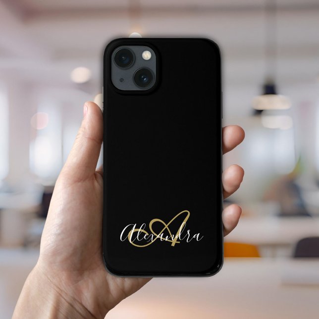 Monograma de Nome com Script Feminino Dourado e Pr (Elegant Gold Black Girly Script Name Monogram Case-Mate iPhone Case)