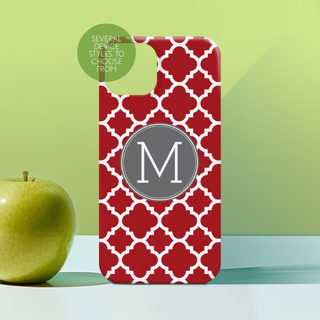 Monograma de Padrão Geométrico Vermelho e Cinza (Personalized Phone Case with Custom Photos Text - Choose a Device Style)